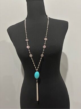 Long Silver Necklace with Turquoise Pendant and Tassel